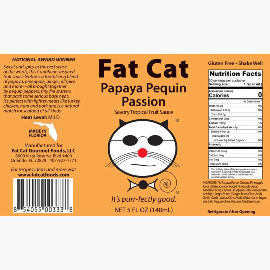 Fat Cat Papaya Pequin Passion sauce label with cat illustration and nutrition facts.