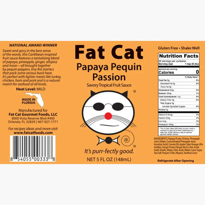 Fat Cat Papaya Pequin Passion sauce label with cat illustration and nutrition facts.