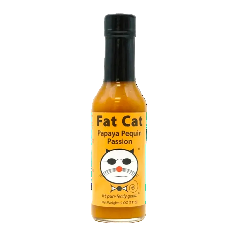 Bottle of Fat Cat Papaya Pequin Passion sauce on a white background