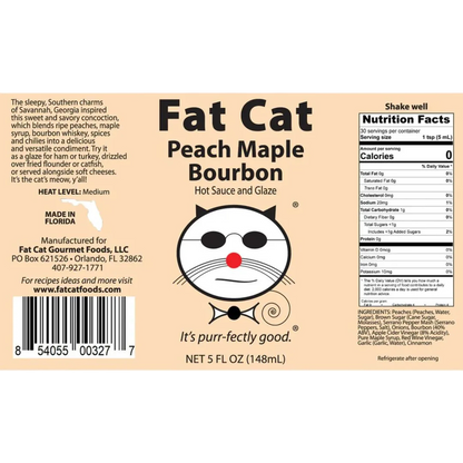 Fat Cat Peach Maple Bourbon hot sauce and glaze label with cat face logo
