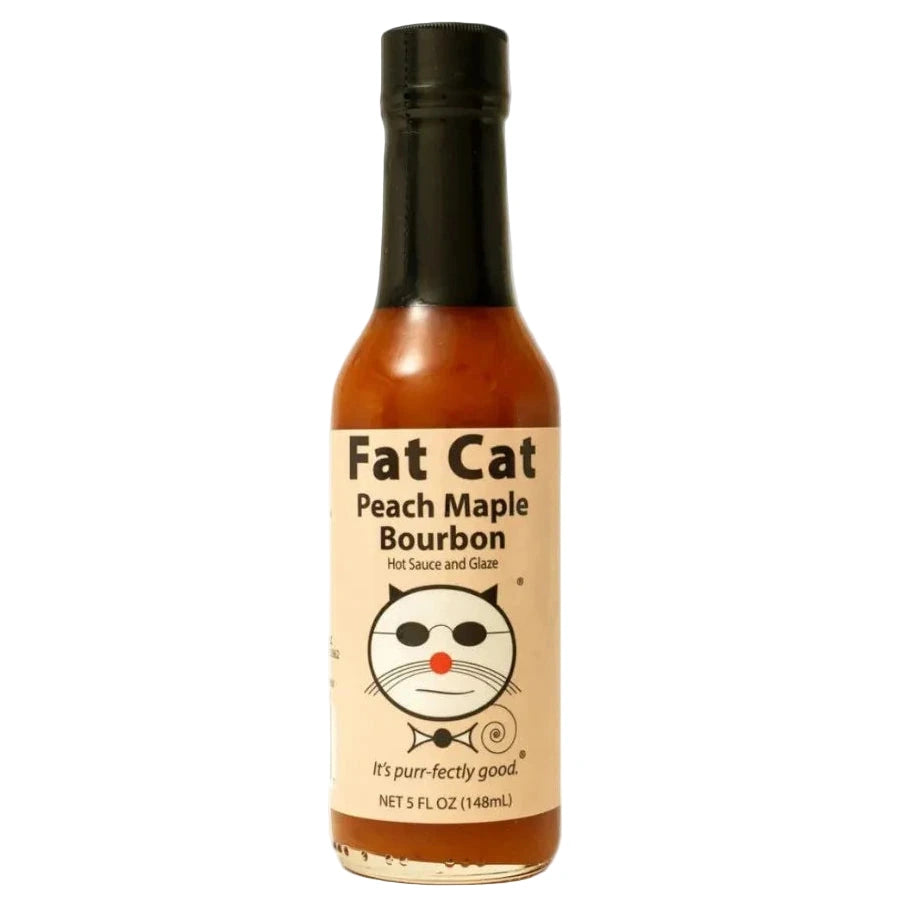 Fat Cat Peach Maple Bourbon hot sauce bottle on a white background