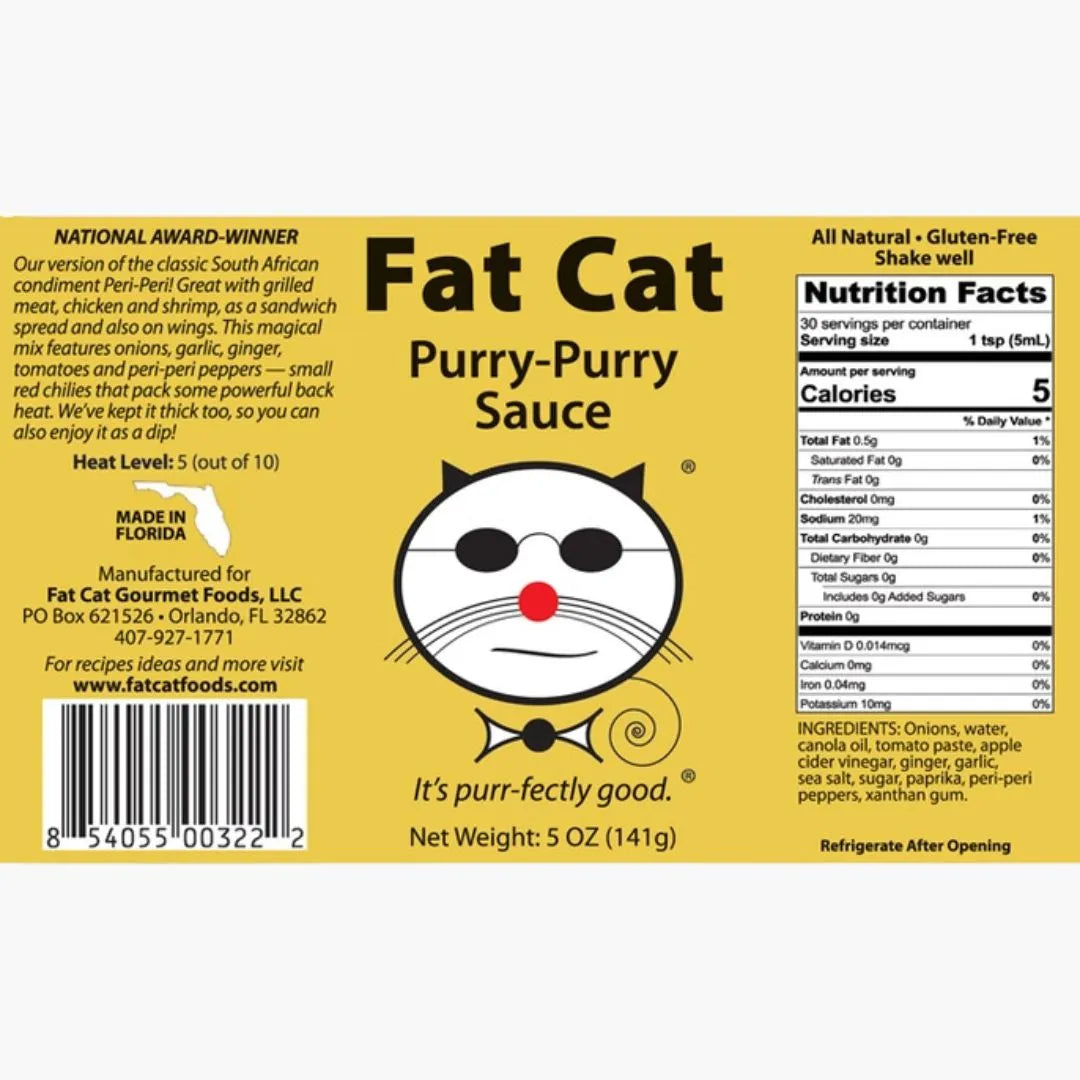 Label of Fat Cat Purry-Purry Sauce with a cat face logo on a yellow background