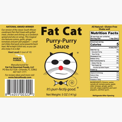Label of Fat Cat Purry-Purry Sauce with a cat face logo on a yellow background