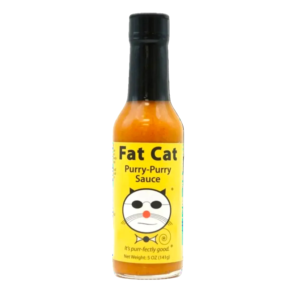 Bottle of Fat Cat Purry-Purry Sauce on a white background