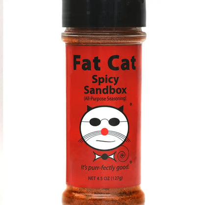 Spicy seasoning bottle labeled 'Fat Cat Spicy Sandbox' on a white background
