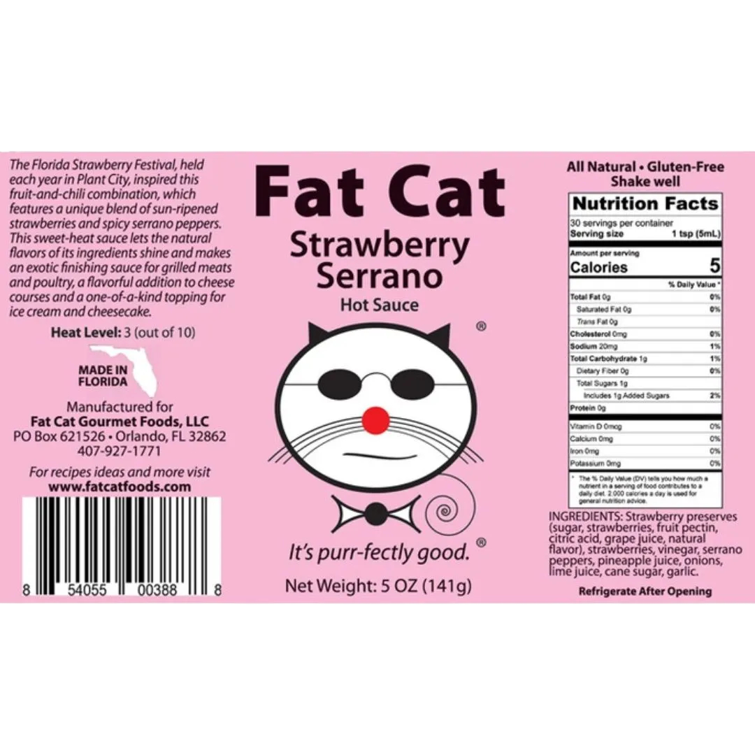 Fat Cat Strawberry Serrano hot sauce label with cat logo and nutritional information.