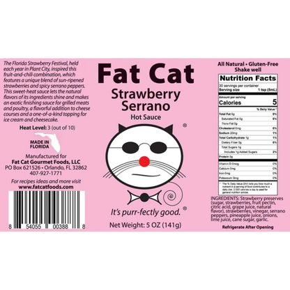 Fat Cat Strawberry Serrano hot sauce label with cat logo and nutritional information.