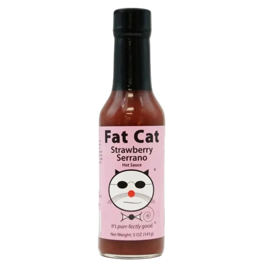 Fat Cat Strawberry Serrano hot sauce bottle on a white background