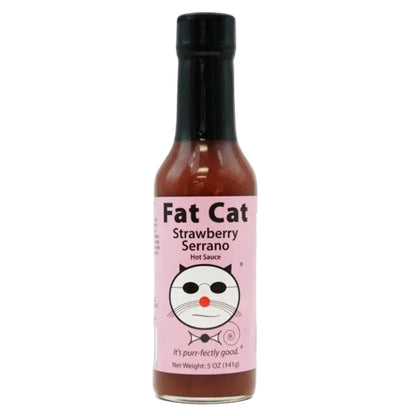 Fat Cat Strawberry Serrano hot sauce bottle on a white background