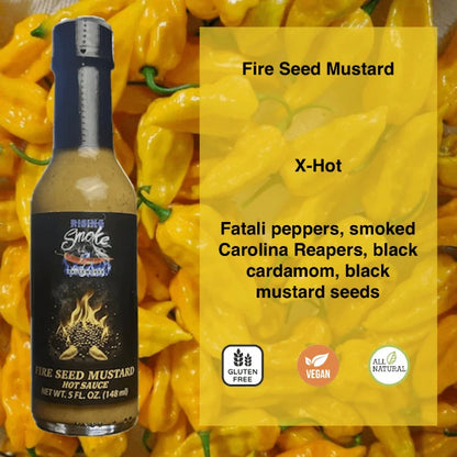 Fire Seed Mustard bottle with hot peppers on a yellow background