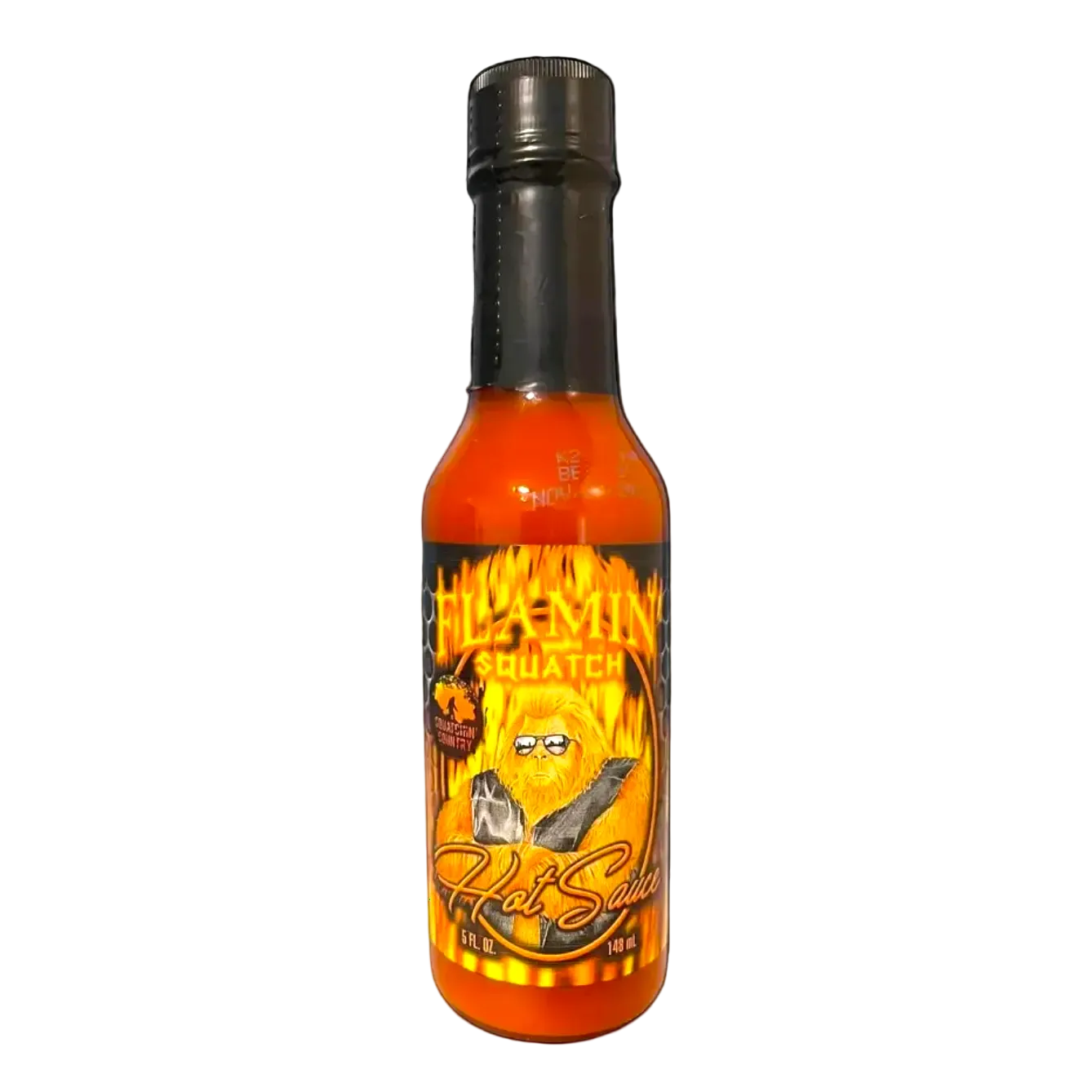Flamin Squatch Hot sauce bottle with a fiery design on a white background
