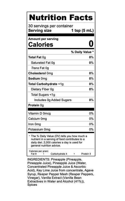 Nutrition facts label with serving size of 1 tsp and 0 calories per serving.