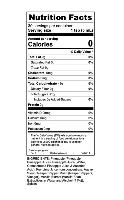 Nutrition facts label with serving size of 1 tsp and 0 calories per serving.