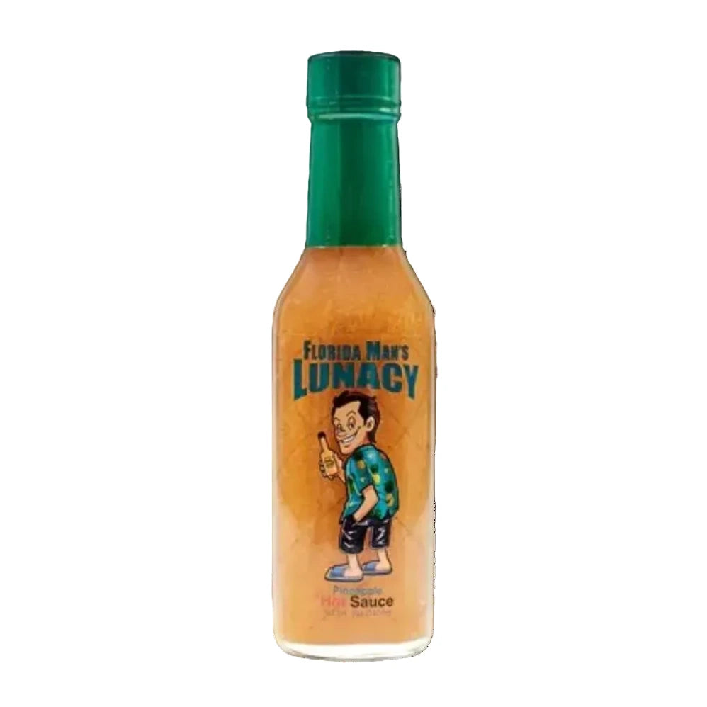 Hot sauce bottle with cartoon character and 'Florida Man's Lunacy' text on a white background
