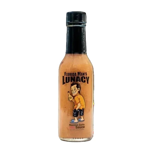 Bottle of 'Florida Man's Lunacy' sauce with a cartoon character on a white background