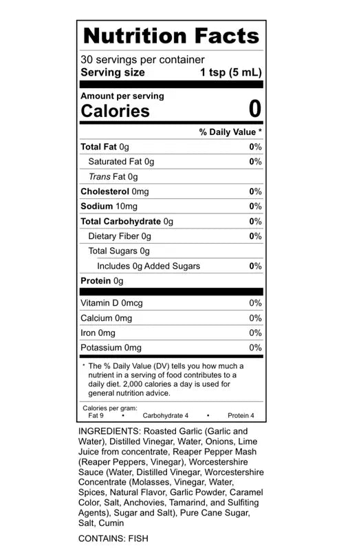 Nutrition facts label with serving size, calories, and ingredient list on a white background
