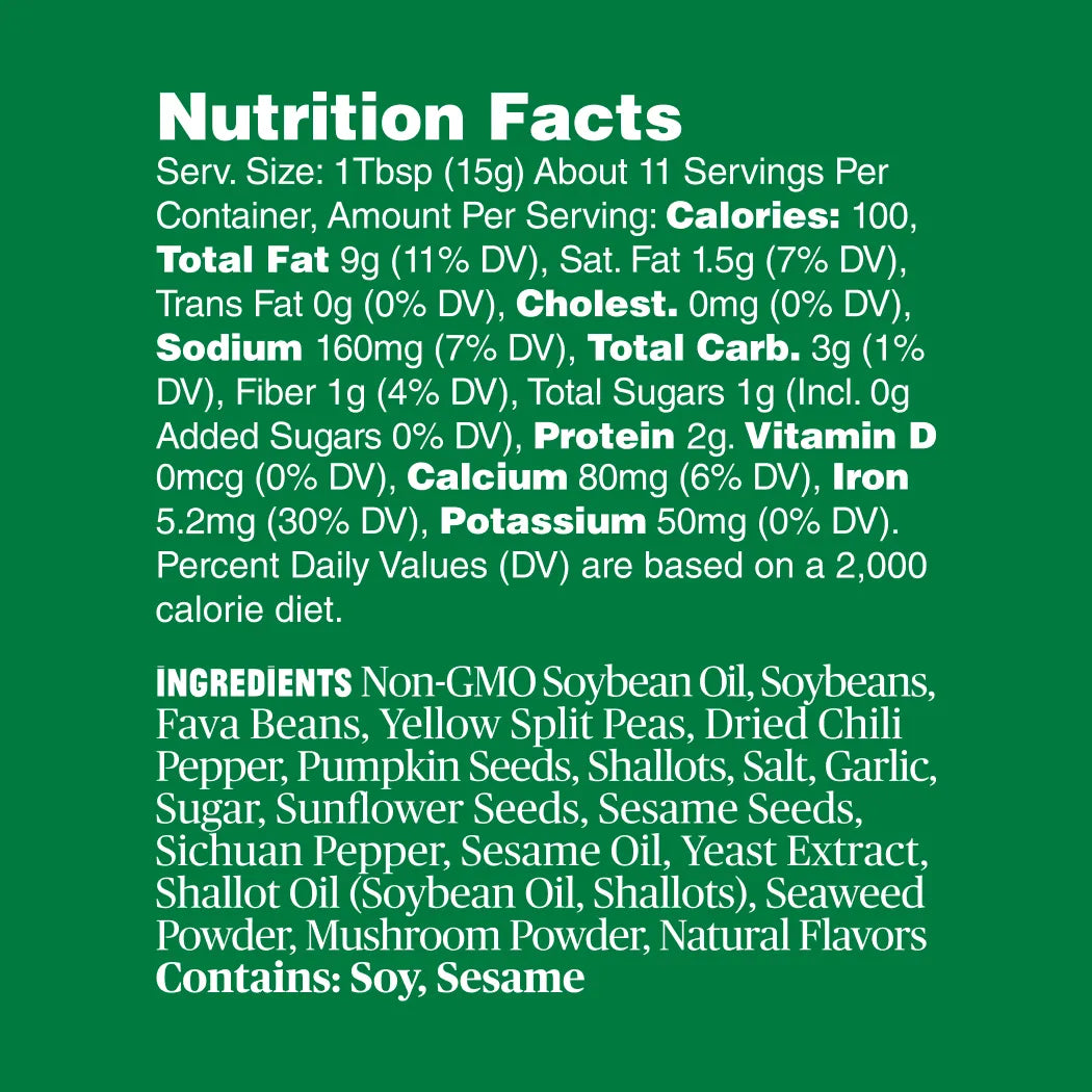 Nutrition facts label for Fly By Jing Xtra Crunchy Chili Crisp