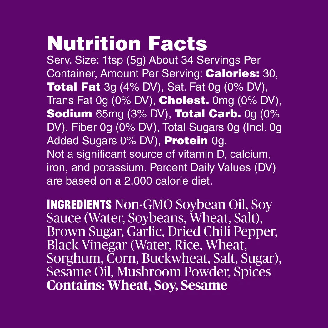 Nutrition facts and ingredients list for Fly By Jing Sweet and Spicy Chili Sauce on a purple background