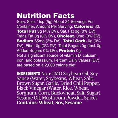 Nutrition facts and ingredients list for Fly By Jing Sweet and Spicy Chili Sauce on a purple background