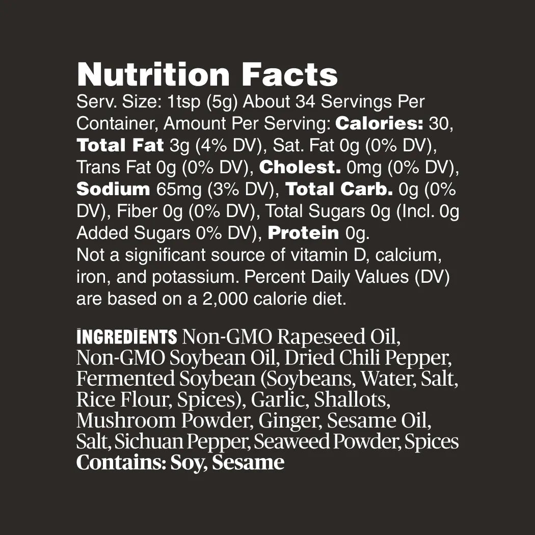 Nutrition facts and ingredients list for Fly By Jing Extra Spicy Chili Crisp 