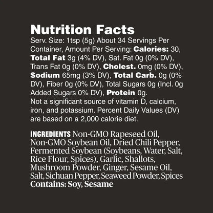 Nutrition facts and ingredients list for Fly By Jing Extra Spicy Chili Crisp 