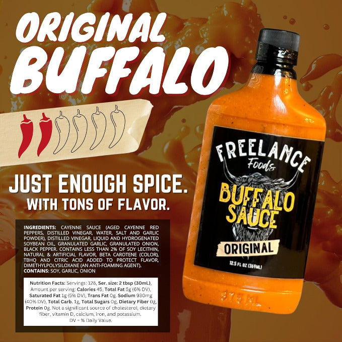 Buffalo sauce bottle with branding and flavor description on a brown background
