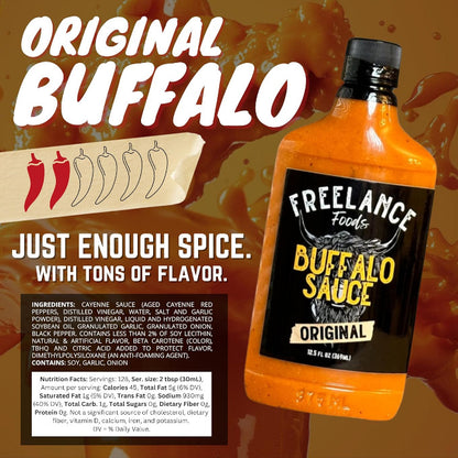 Buffalo sauce bottle with branding and flavor description on a brown background