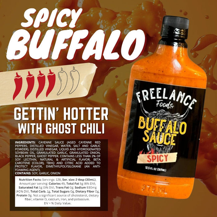 Spicy Buffalo sauce bottle with branding and spicy level indicator on a fiery background
