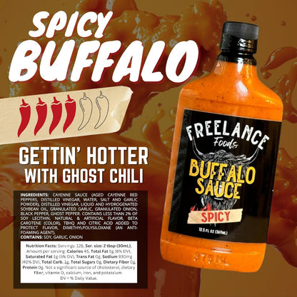 Spicy Buffalo sauce bottle with branding and spicy level indicator on a fiery background