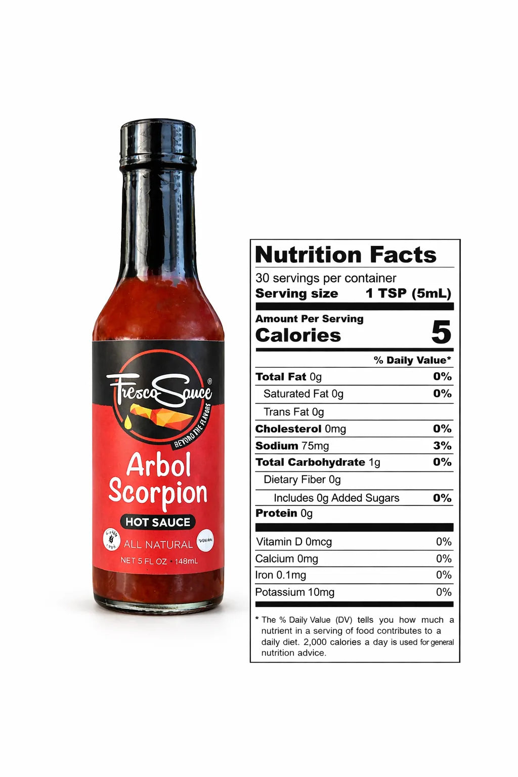 Fleecer Squee Arbol Scorpion hot sauce bottle with nutrition facts label on a white background