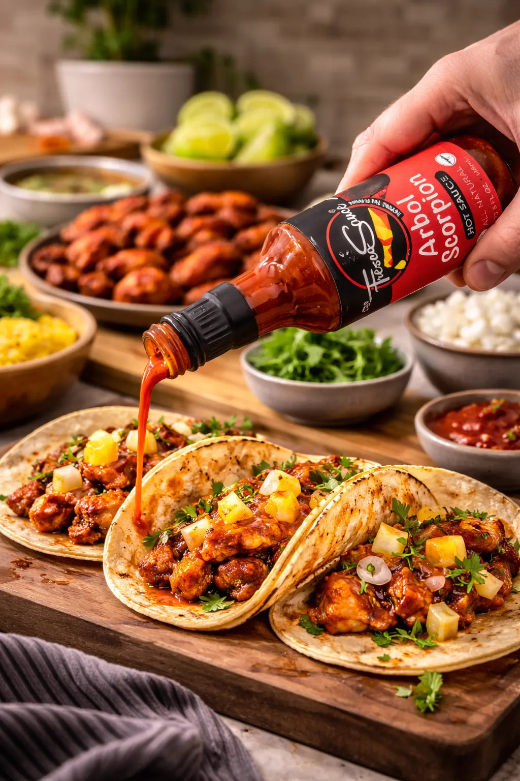 Hand pouring hot sauce over tacos on a wooden board with various dishes in the background
