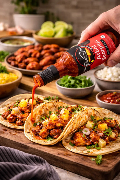 Hand pouring hot sauce over tacos on a wooden board with various dishes in the background
