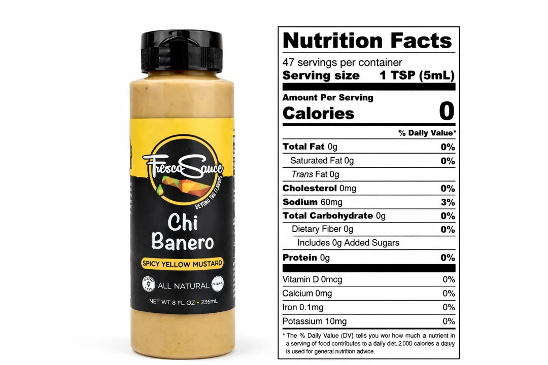 Chi Banero spicy yellow mustard bottle with nutrition facts label on a white background