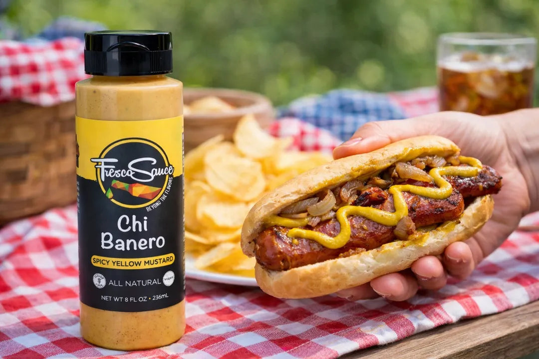 Hand holding a hot dog with mustard and onions next to a bottle of Three Spice Chi Banero mustard on a checkered tablecloth.
