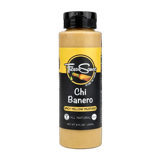 Bottle of Fiasco Squid Chi Banero spicy yellow mustard on a white background