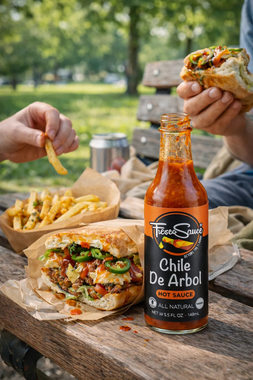 Bottle of Chile de Arbol hot sauce on a picnic table with food and people in the background
