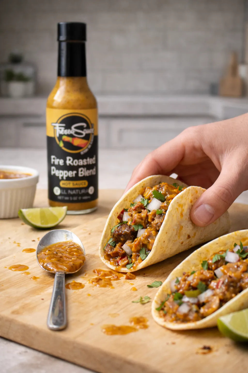 Tacos on a wooden board with a bottle of Fire Roasted Pepper Blend in the background.