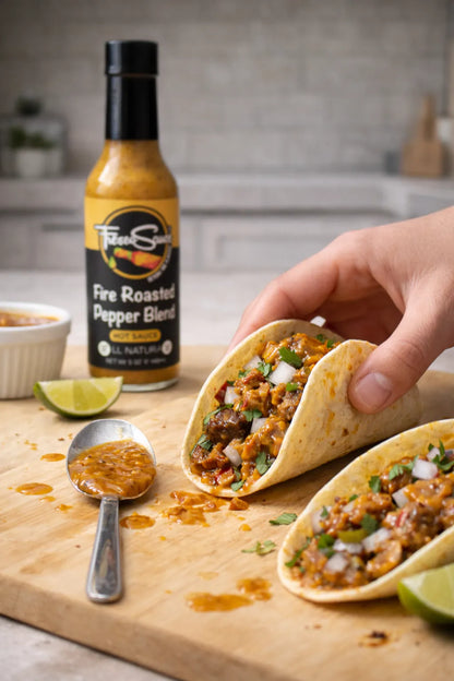 Tacos on a wooden board with a bottle of Fire Roasted Pepper Blend in the background.