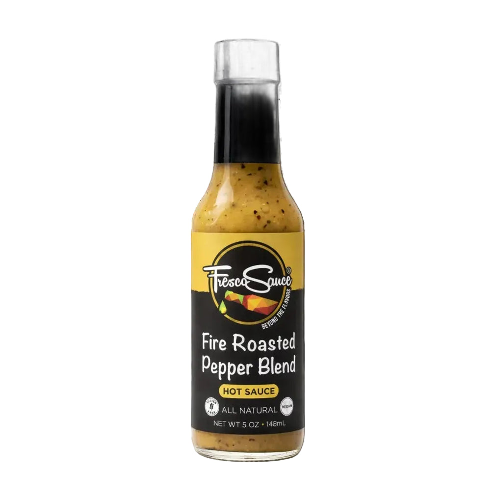 Bottle of fire roasted pepper blend hot sauce on a white background