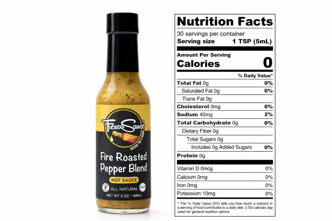 Hot sauce bottle with nutrition label on a white background