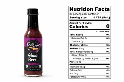 Bottle of Ghost Berry hot sauce with nutrition facts label on a white background