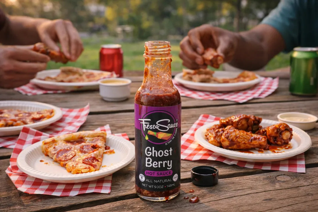 Fever Tree Ghost Berry hot sauce bottle on a table with food and people in the background