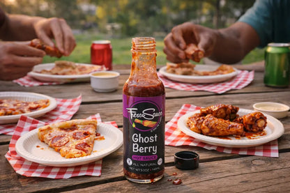 Fever Tree Ghost Berry hot sauce bottle on a table with food and people in the background