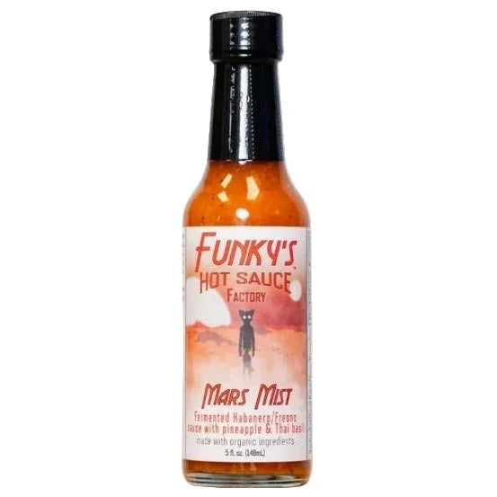 Bottle of Funky's Hot Sauce Factory Mars Mist 
