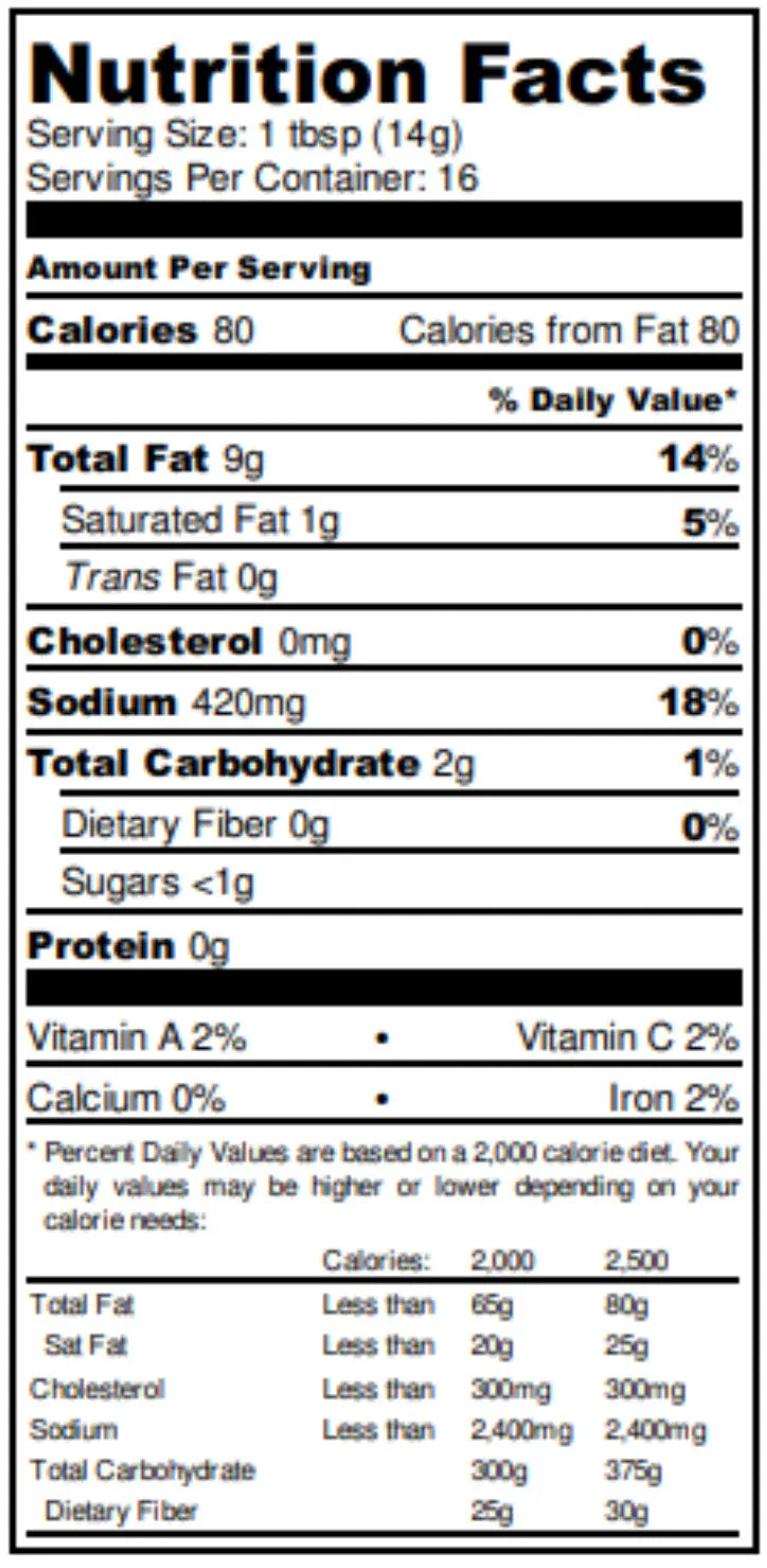 Nutrition facts label for a product with serving size, calories, and nutritional content details.
