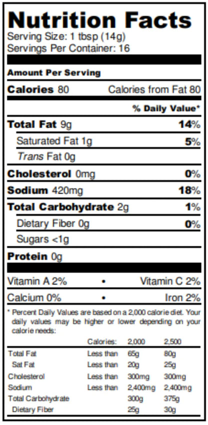 Nutrition facts label for a product with serving size, calories, and nutritional content details.