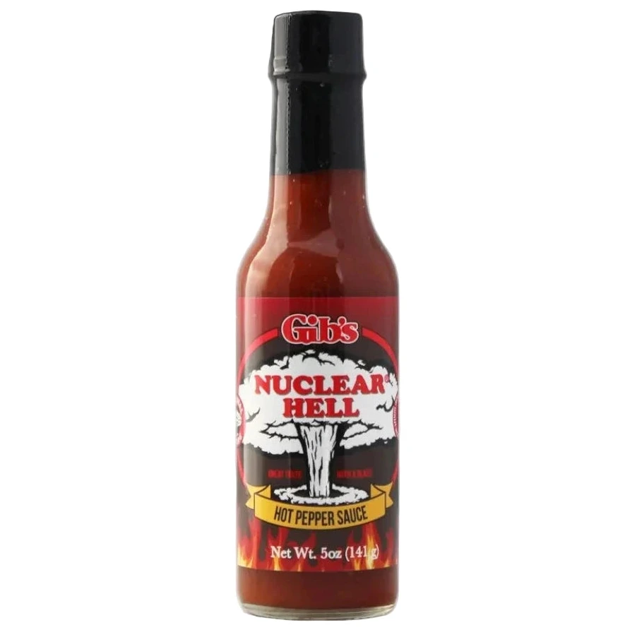 Bottle of Gib's Nuclear Hell hot pepper sauce on a white background
