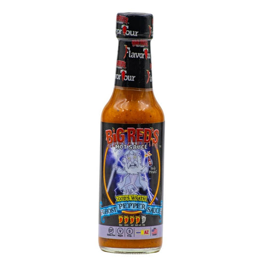 Bottle of Big Red's Ghost Pepper Sauce on a white background