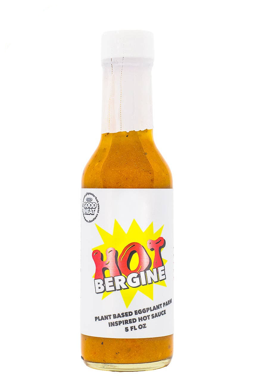 Bottle of Hot Bergine hot sauce with a white label on a white background