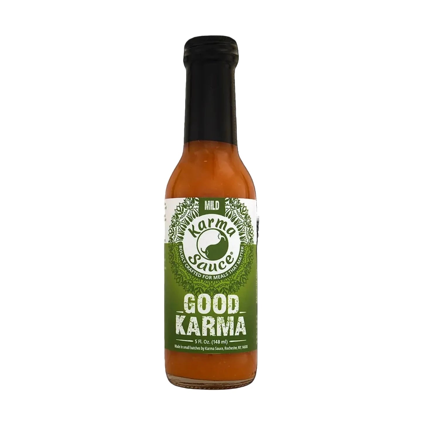 Bottle of Good Karma hot sauce on a white background